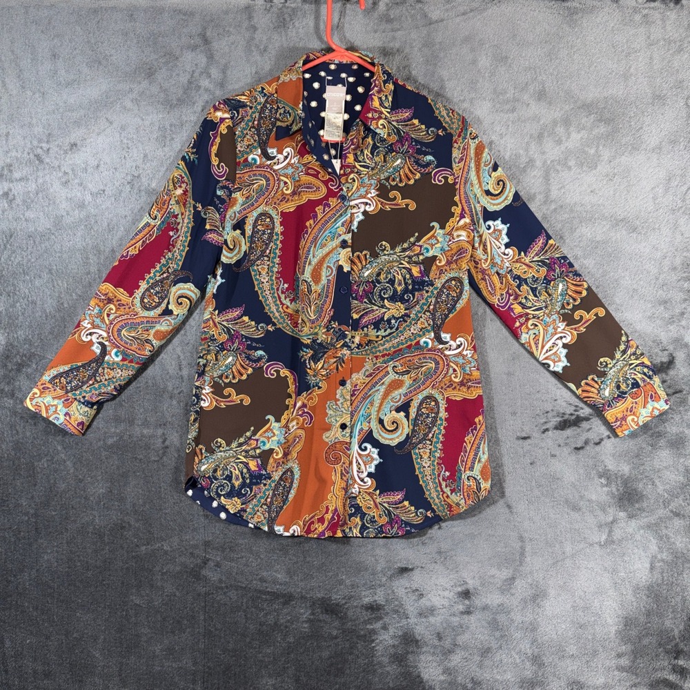Chicos Town and Country Paisley Reversible Shirt Navy Gold Foil Polka Dot 0 S